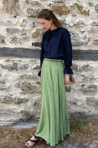 Soft Green Relaxed Skirt with Stitch Details - 3
