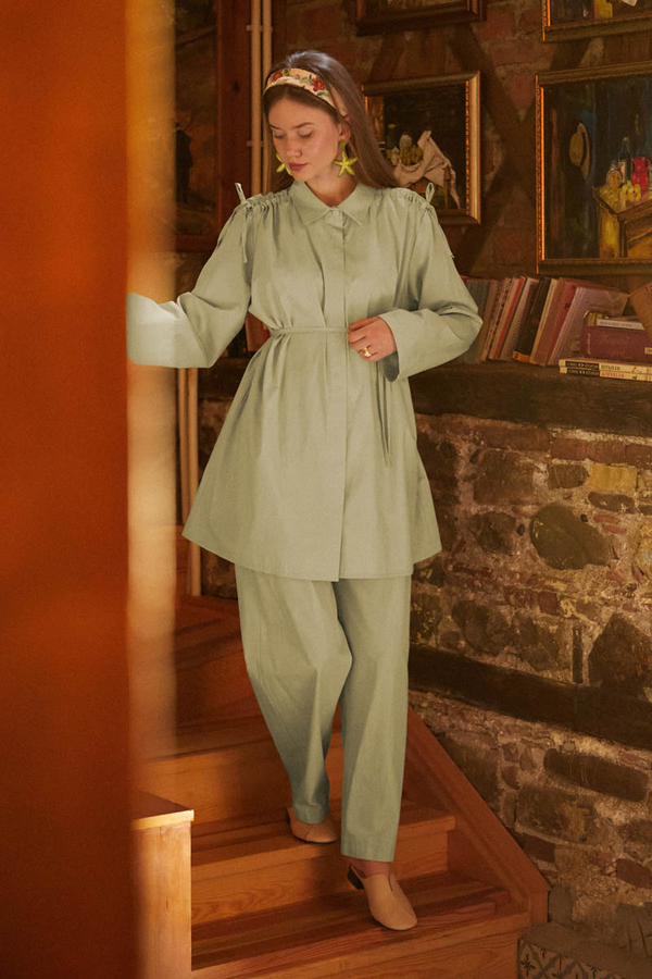 Soft Green Trouser Set with Gathered Shoulder Detail 