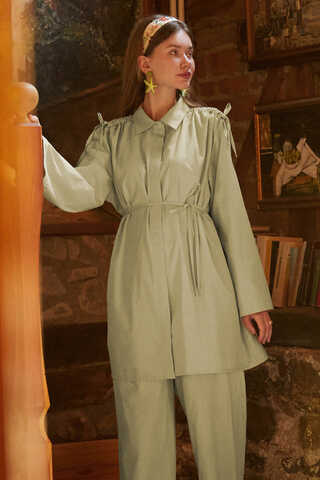 Soft Green Trouser Set with Gathered Shoulder Detail - 2