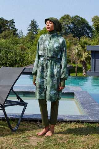 Soyut Desenli Tesettür Mayo Haki - 4