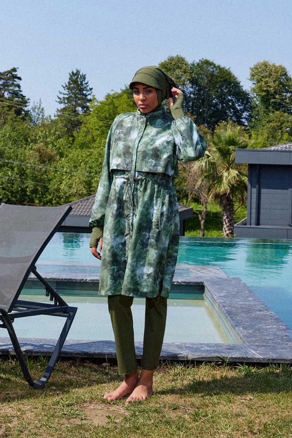 Soyut Desenli Tesettür Mayo Haki - 2