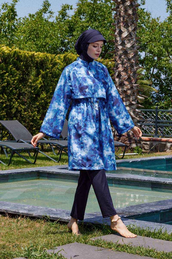 Soyut Desenli Tesettür Mayo Mavi - 8