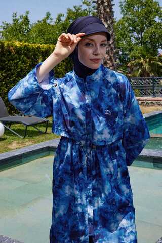 Soyut Desenli Tesettür Mayo Mavi - 7