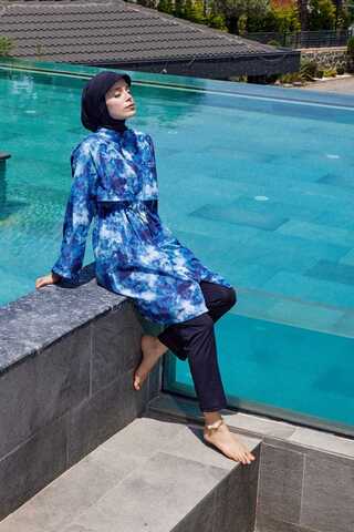 Soyut Desenli Tesettür Mayo Mavi - 1