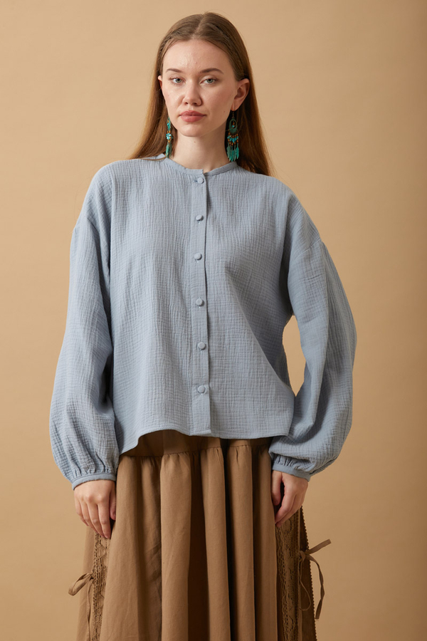 Stand Collar Muslin Shirt Baby Blue 