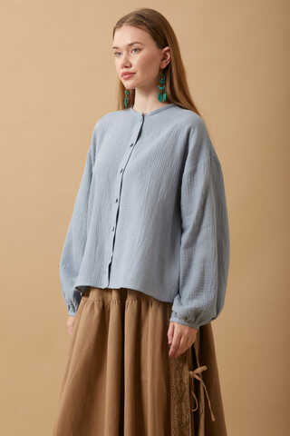 Stand Collar Muslin Shirt Baby Blue - 5