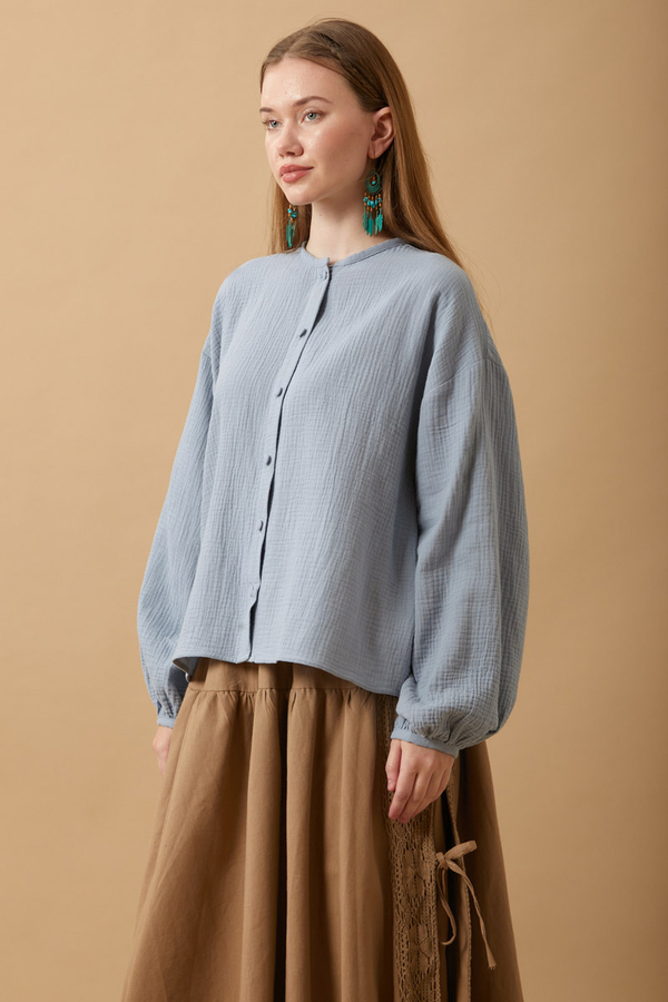 Stand Collar Muslin Shirt Baby Blue - 5