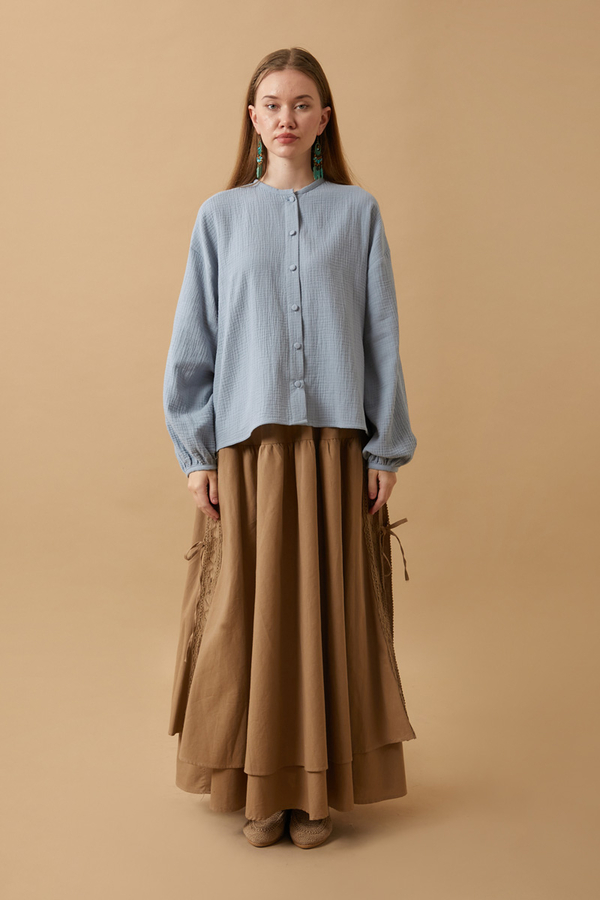 Stand Collar Muslin Shirt Baby Blue - 2