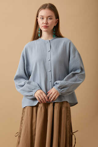 Stand Collar Muslin Shirt Baby Blue - 4