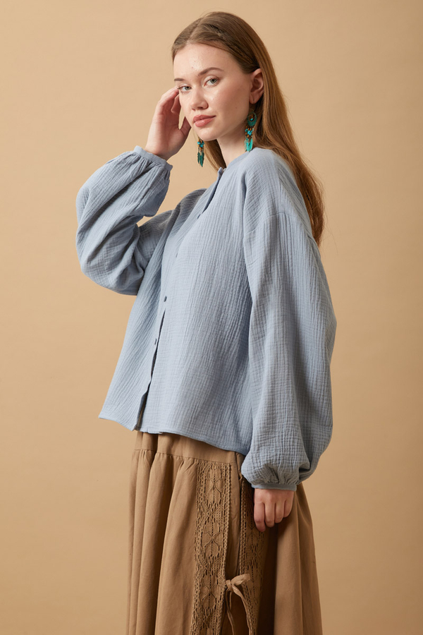 Stand Collar Muslin Shirt Baby Blue - 6