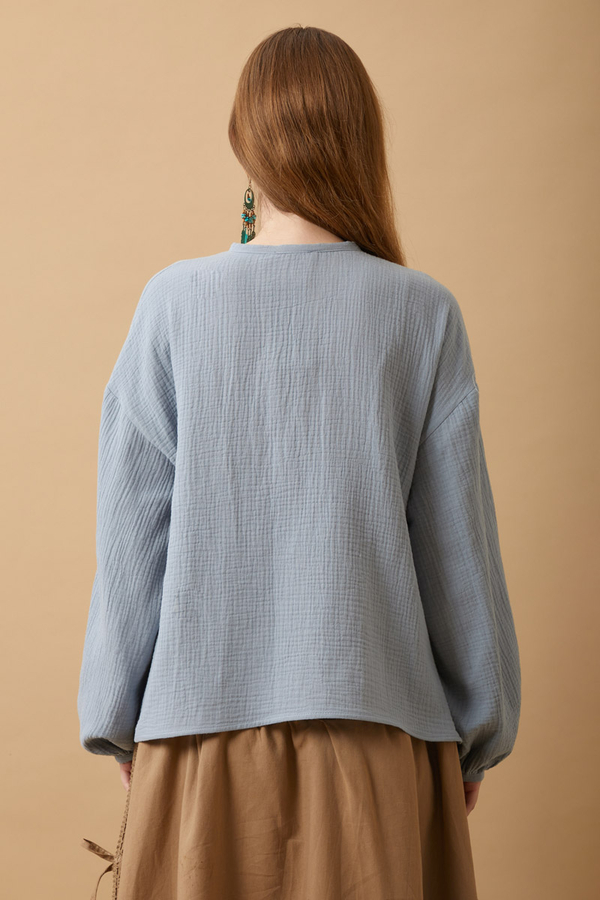 Stand Collar Muslin Shirt Baby Blue - 7