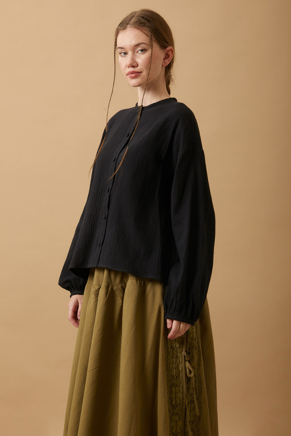 Stand Collar Muslin Shirt Black - 4