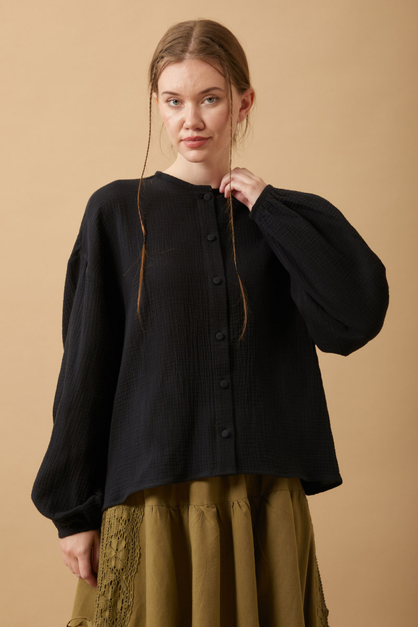 Stand Collar Muslin Shirt Black - 1