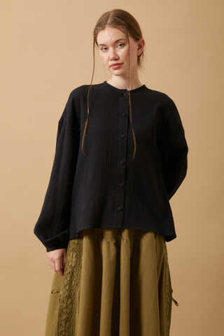 Stand Collar Muslin Shirt Black - 3