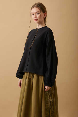 Stand Collar Muslin Shirt Black - 4