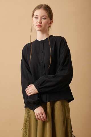 Stand Collar Muslin Shirt Black - 5