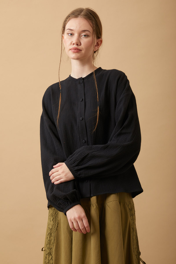 Stand Collar Muslin Shirt Black - 5