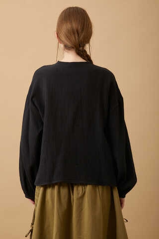 Stand Collar Muslin Shirt Black - 6