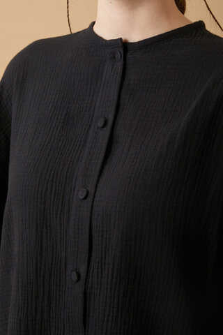 Stand Collar Muslin Shirt Black - 7