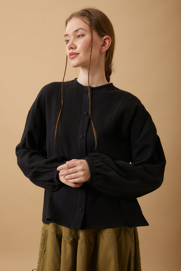 Stand Collar Muslin Shirt Black - 8