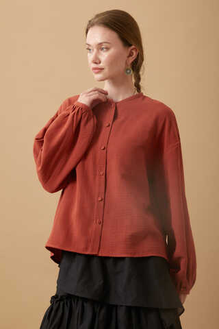 Stand Collar Muslin Shirt Brick - 1
