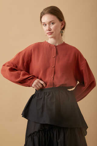 Stand Collar Muslin Shirt Brick - 4