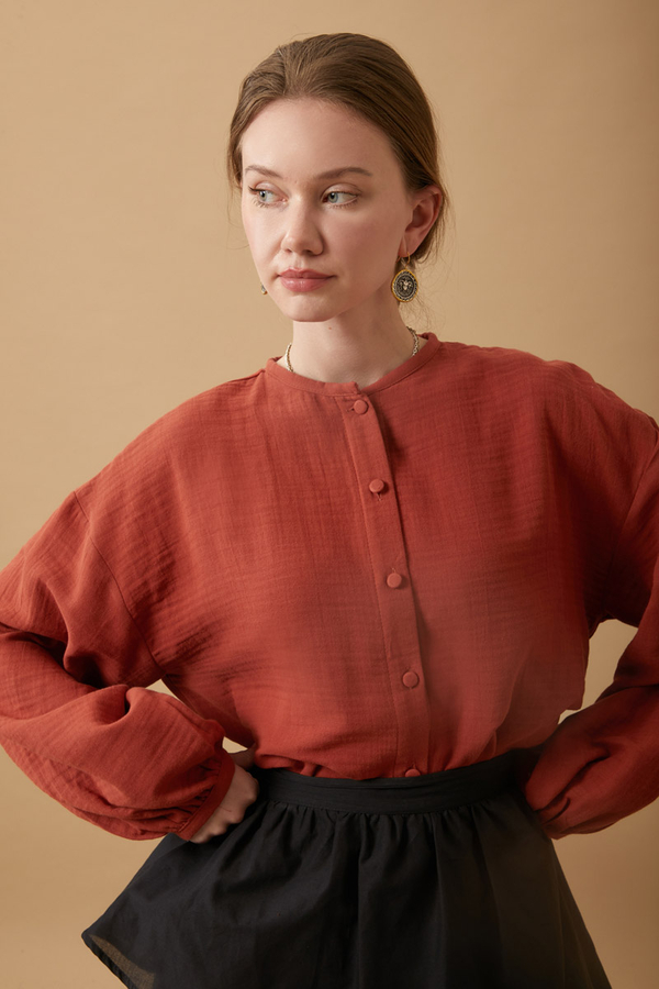 Stand Collar Muslin Shirt Brick - 6