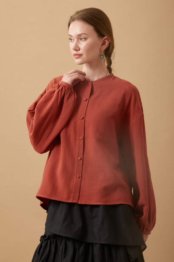 Stand Collar Muslin Shirt Brick - 1