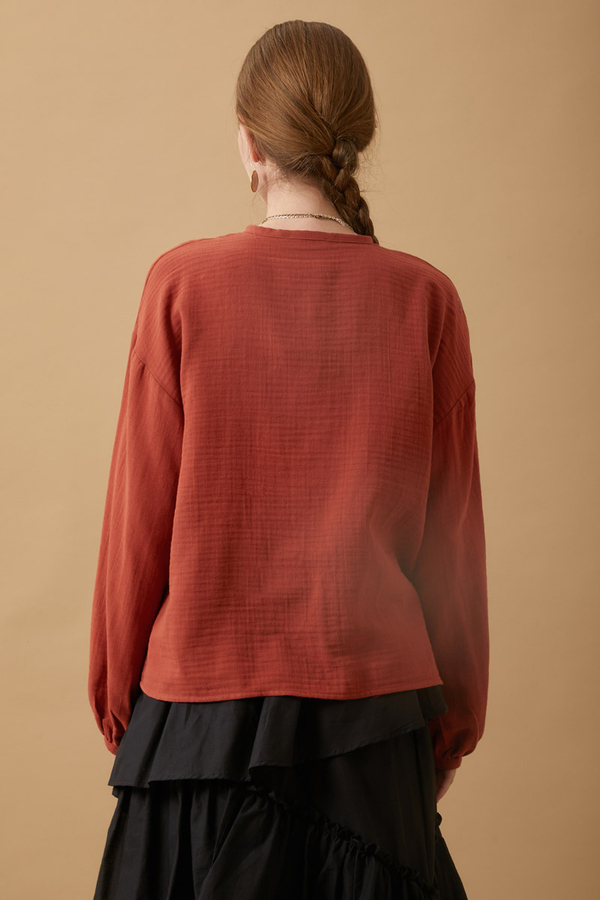 Stand Collar Muslin Shirt Brick - 9