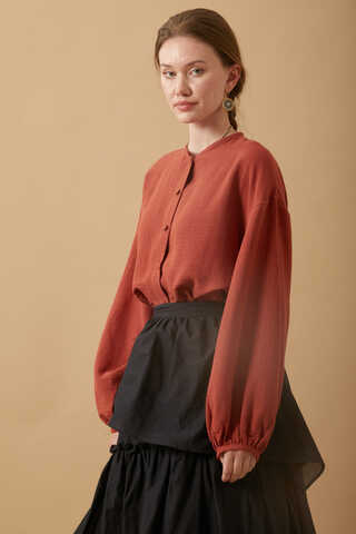 Stand Collar Muslin Shirt Brick - 3