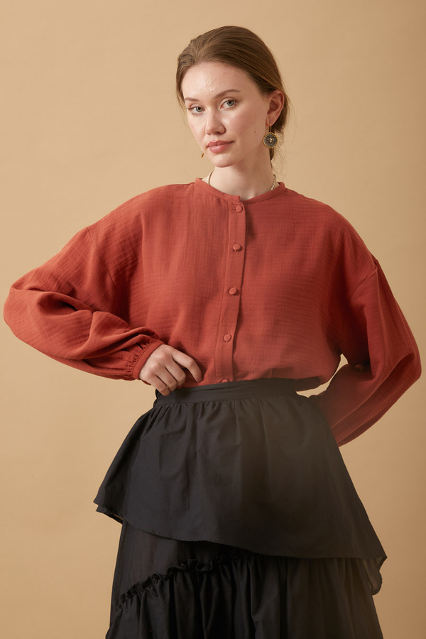 Stand Collar Muslin Shirt Brick - 4
