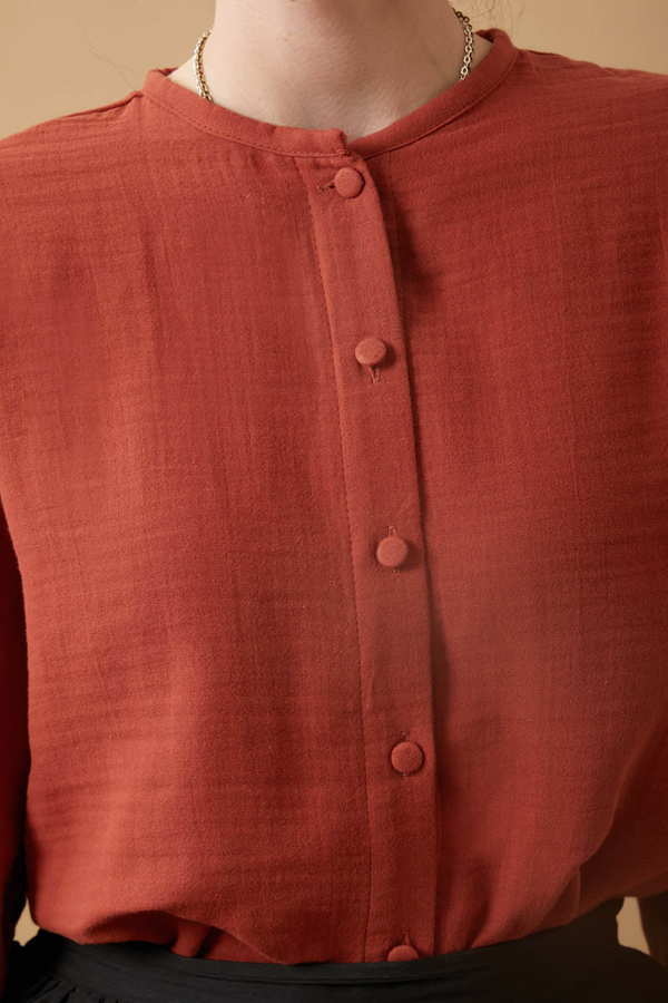 Stand Collar Muslin Shirt Brick - 5