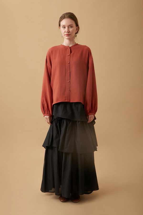 Stand Collar Muslin Shirt Brick - 7