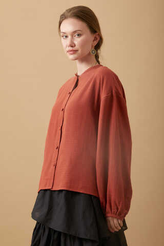 Stand Collar Muslin Shirt Brick - 8