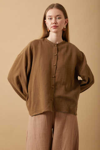 Stand Collar Muslin Shirt Brown - 10