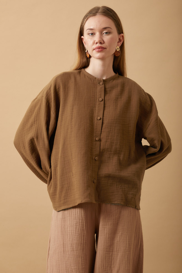 Stand Collar Muslin Shirt Brown - 10