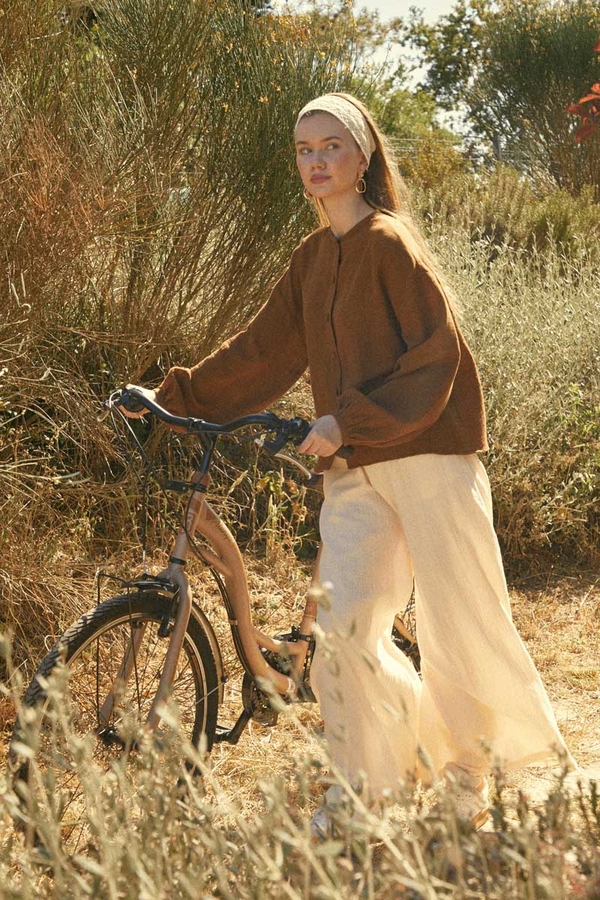 Stand Collar Muslin Shirt Brown - 5