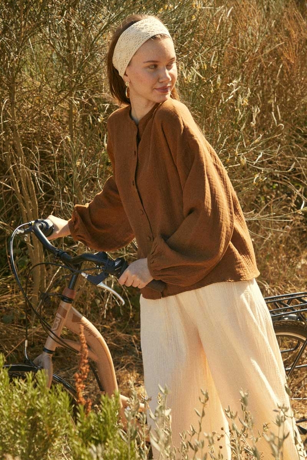 Stand Collar Muslin Shirt Brown - 1