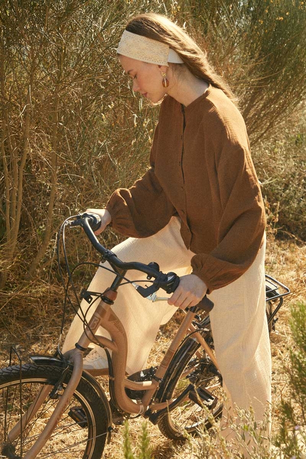 Stand Collar Muslin Shirt Brown - 4