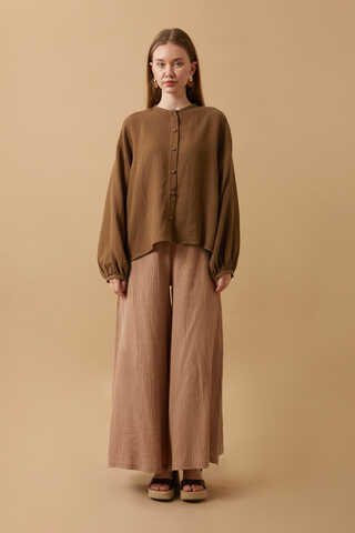 Stand Collar Muslin Shirt Brown - 9