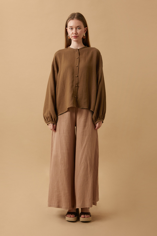Stand Collar Muslin Shirt Brown - 9