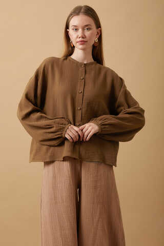 Stand Collar Muslin Shirt Brown - 8