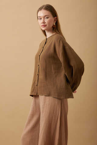 Stand Collar Muslin Shirt Brown - 11