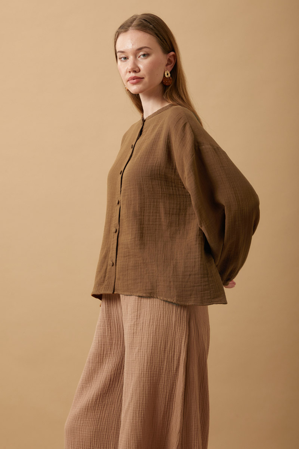 Stand Collar Muslin Shirt Brown - 11