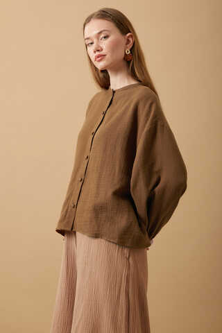 Stand Collar Muslin Shirt Brown - 12