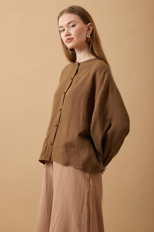 Stand Collar Muslin Shirt Brown - 12