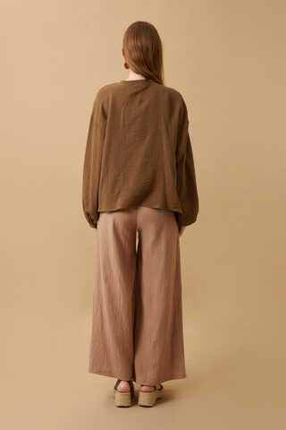 Stand Collar Muslin Shirt Brown - 14