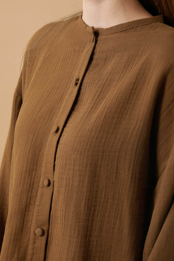 Stand Collar Muslin Shirt Brown - 13