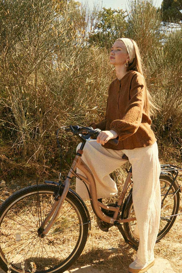 Stand Collar Muslin Shirt Brown - 3