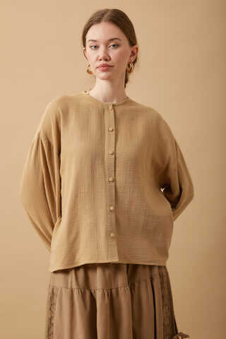 Stand Collar Muslin Shirt Camel - 5